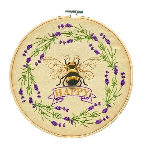 Bee Happy Embpridery Hoop Wall decor Shelf decor floral with Raised Bee inspirat - Picture 2 of 6